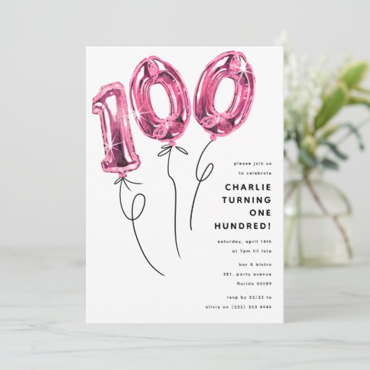 Invitation Mini rose 100 ballon 100e fête d'anniversaire (Debout devant)