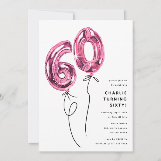 Invitation Mini rose 60 ballon 60e fête d'anniversaire (Devant)