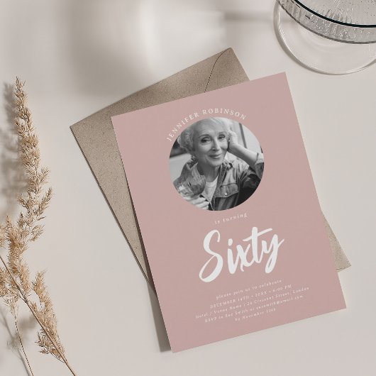 Invitation Mini-Script photo 60e anniversaire Dusty rose