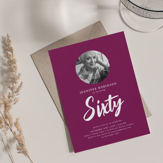 Invitation Mini Script photo 60e Anniversaire fêté Magenta