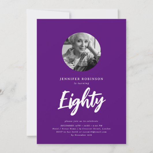 Invitation Mini Script photo 80e anniversaire fête violet (Devant)