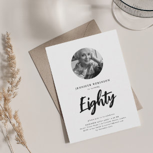 Invitation Mini script photo 80e anniversaire noir blanc