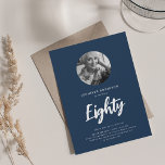 Invitation Mini script photo 80th Birthday Party Navy<br><div class="desc">Un design élégant "80th Birthday" fête avec photo personnalisée,  typographie moderne et texte personnalisé.</div>