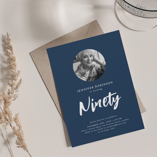 Invitation Mini script photo 90e anniversaire Marine bleu