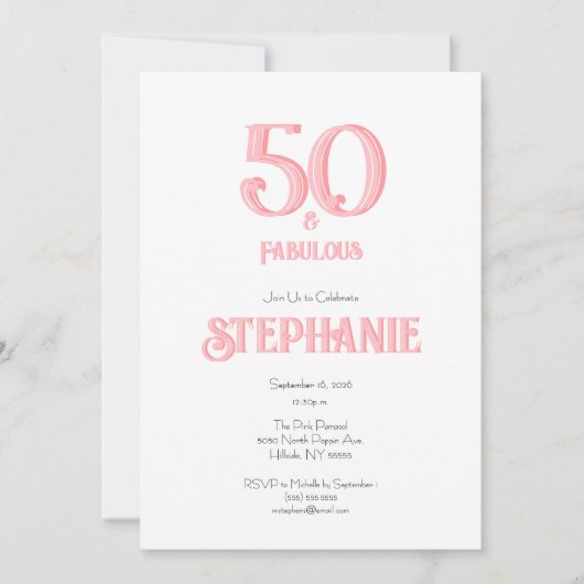 Invitation Minimal 50 and Fabulous Pink 50th Birthday Party (Devant)