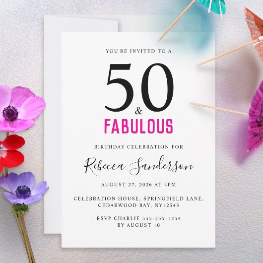Invitation Minimal 50 and Fabulous Pink 50th Birthday Party