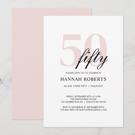 Invitation Minimal 50 and Fabulous Pink 50th Birthday Party (Devant / Derrière)