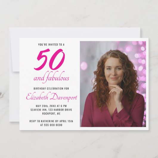 Invitation Minimal 50 and Fabulous Pink Photo Birthday (Devant)