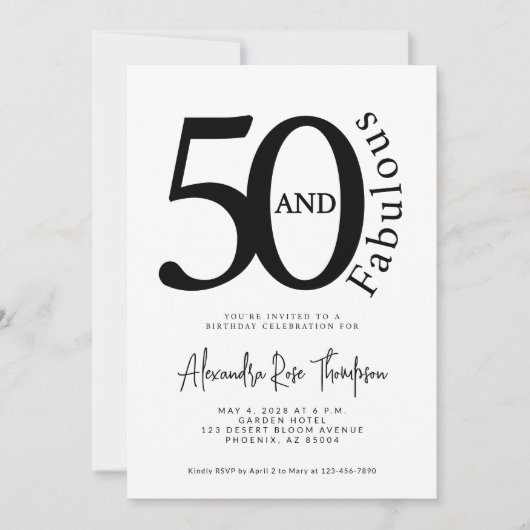 Invitation Minimal 50 et Fabuleux Script Fête d'anniversaire  (Devant)