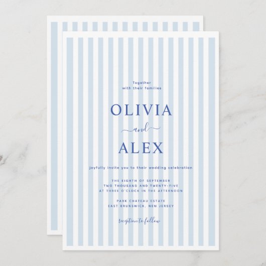 Invitation Minimal and Chic Blue French Personalized Wedding  (Devant / Derrière)
