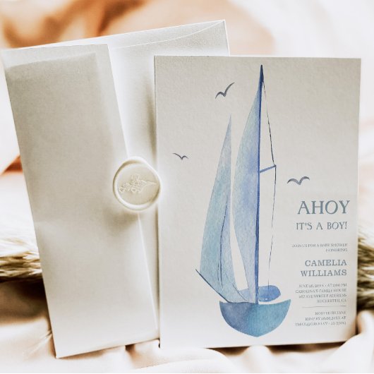 Invitation Minimal Aquarelle Baby shower à voile Ahoy Boy's