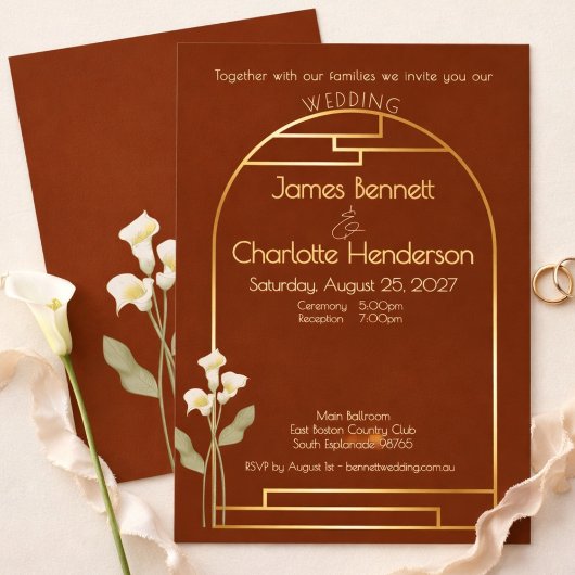 Invitation Minimal Art Nouveau Gold Arch Lily Rust Wedding