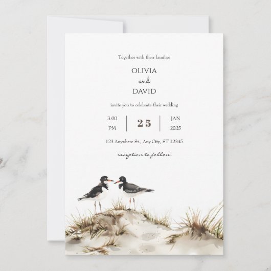 Invitation Minimal Beach Sand Dunes Oystercatchers Mariage (Devant)