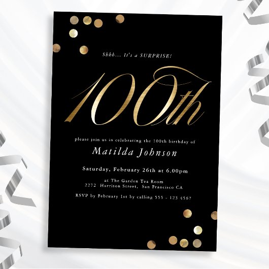 Invitation Minimal Black Gold Surprise 100e fête d'anniversai