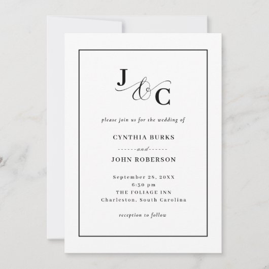 Invitation Minimal blanc et chic | Mariage de la frontière no (Devant)
