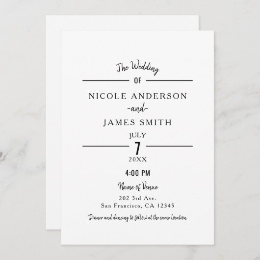 Invitation Minimal blanc pur classique Mariage simple (Devant / Derrière)