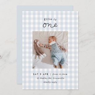 Invitation Minimal bleu En vichy photo 1er anniversaire Invit