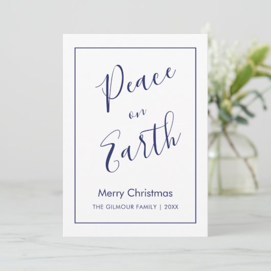 Invitation Minimal|Blue Peace on Earth Christmas Card (Debout devant)