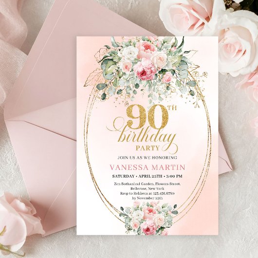 Invitation Minimal Blush Rose Gold 90th Birthday Party Invite