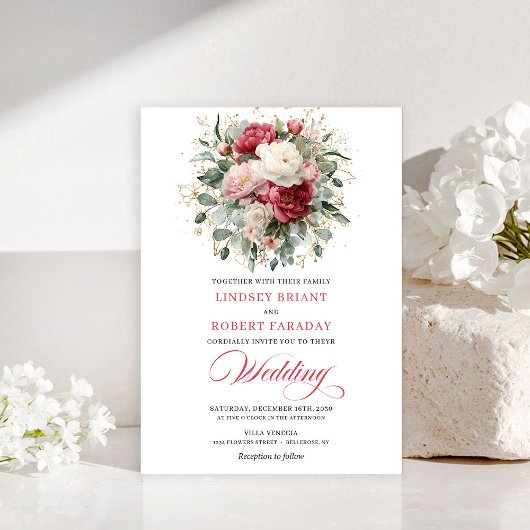 Invitation Minimal Bohemian Red Blush Floral Greenery Invites