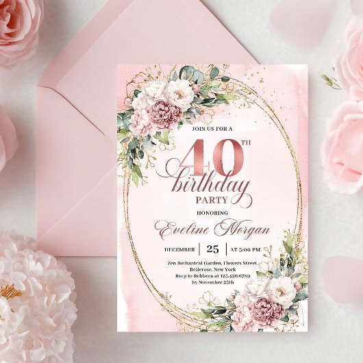 Invitation Minimal Boho Dusty Pink Floral Gold 40th Birthday