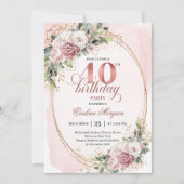 Invitation Minimal Boho Dusty Pink Floral Gold 40th Birthday (Devant)