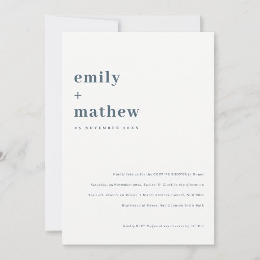 Invitation Minimal Bold Navy Blue Typography Couples Douche (Devant)