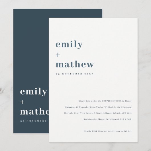 Invitation Minimal Bold Navy Blue Typography Couples Douche (Devant / Derrière)