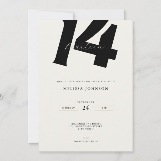 Invitation Minimal Bold Typography 14th Birthday  (Devant)
