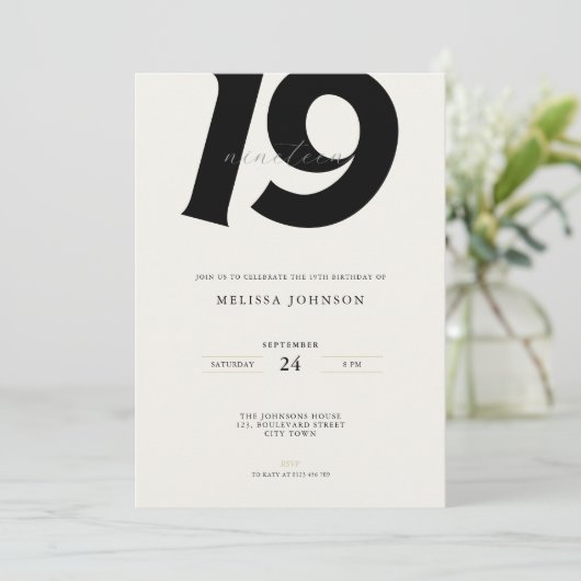 Invitation Minimal Bold Typography 19th Birthday  (Debout devant)
