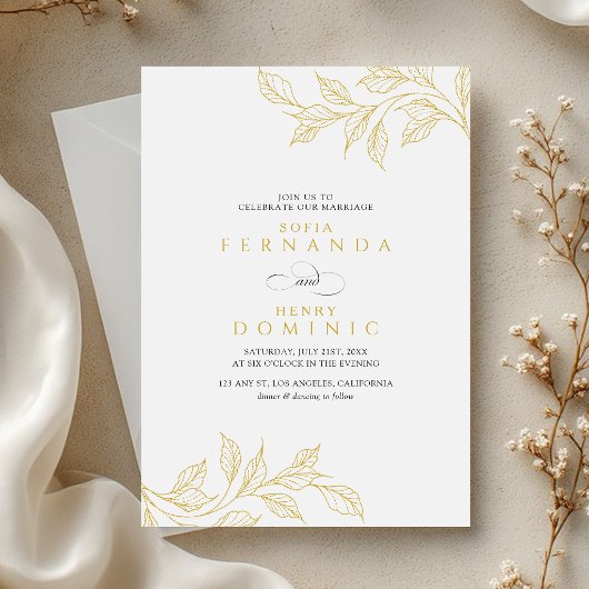 Invitation Minimal Botanical Faux Gold Wedding