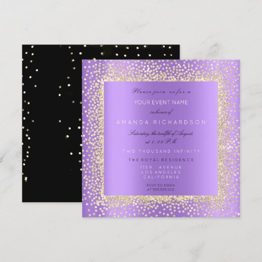 Invitation Minimal Champagn Or Noir Confettis Violet Pourpre (Devant / Derrière)
