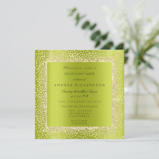 Invitation Minimal Champaigne Or Noir Confetti Sepia Vert (Debout devant)