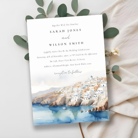 Invitation Minimal chic Santorini Grèce Mariage aquarelle