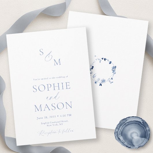 Invitation Minimal Dusty Blue Floral Wreath Wedding