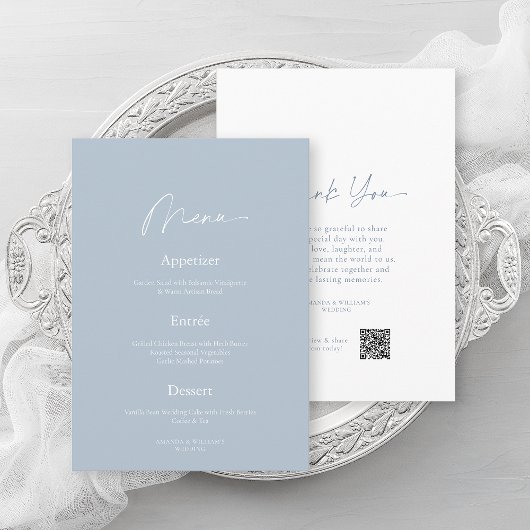 Invitation Minimal Dusty Blue Wedding Menu & Thank You Card