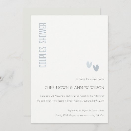 Invitation Minimal Élégant Coeurs Bleus Dusky Couples Douche (Devant / Derrière)