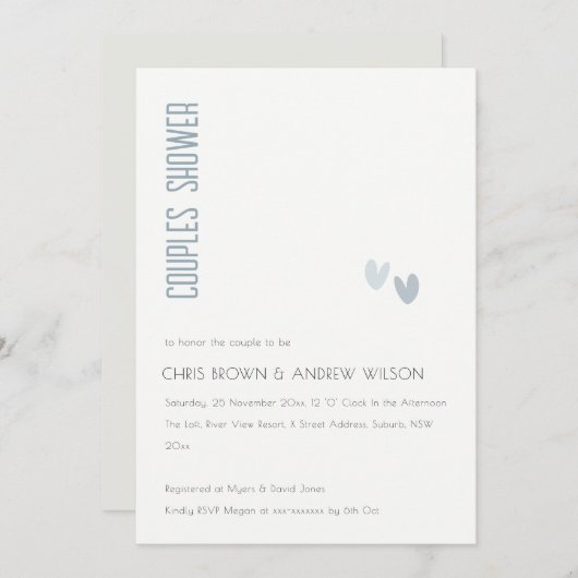 Invitation Minimal Élégant Coeurs Bleus Dusky Couples Douche (Devant / Derrière)