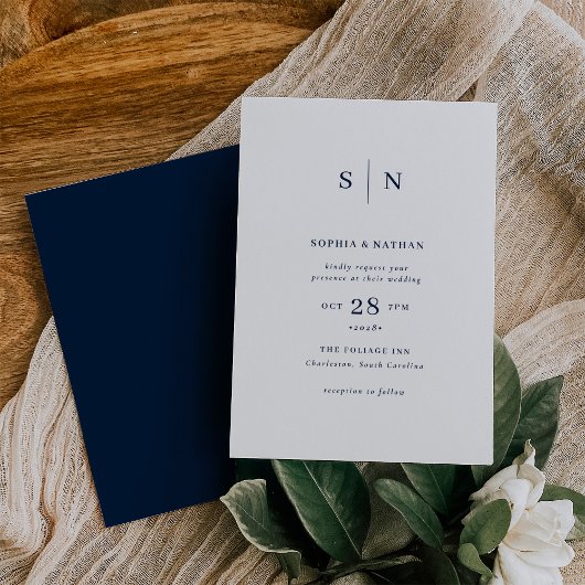 Invitation Minimal et chic | Blanc avec Mariage bleu marine
