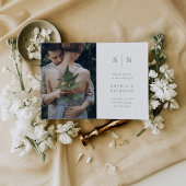 Invitation Minimal et chic | Blanc avec Mariage photo Sage