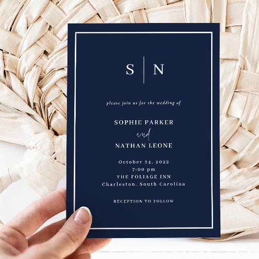 Invitation Minimal et chic | Bleu de marine avec Mariage fron