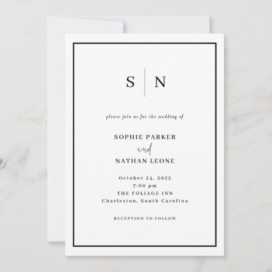 Invitation Minimal et chic | Mariage frontalier noir et blanc (Devant)