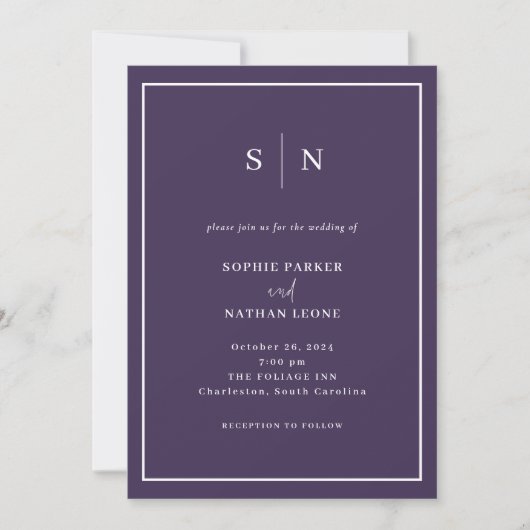 Invitation Minimal et chic | Mariage frontalier violet et bla (Devant)
