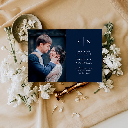 Invitation Minimal et chic | Mariage photo bleu marine