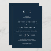 Invitation Minimal et chic | Monogram Marine Bleu et Blanc (Devant / Derrière)