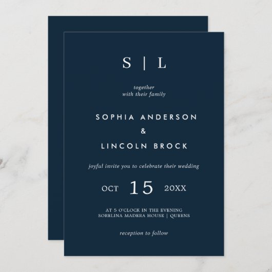 Invitation Minimal et chic | Monogram Marine Bleu et Blanc (Devant / Derrière)