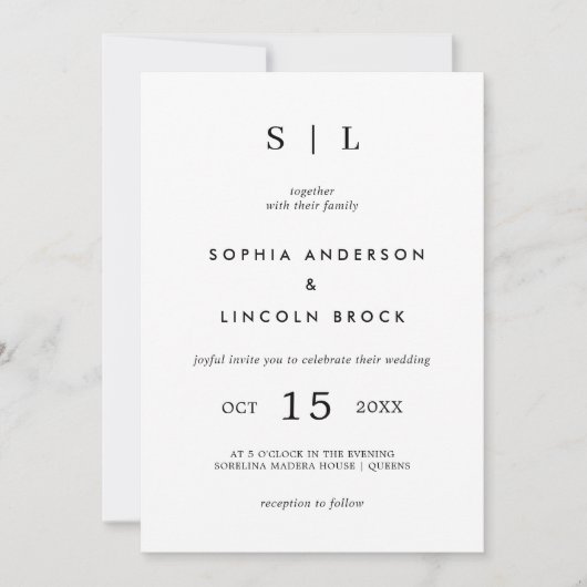 Invitation Minimal et chic | Monogramme blanc et noir (Devant)