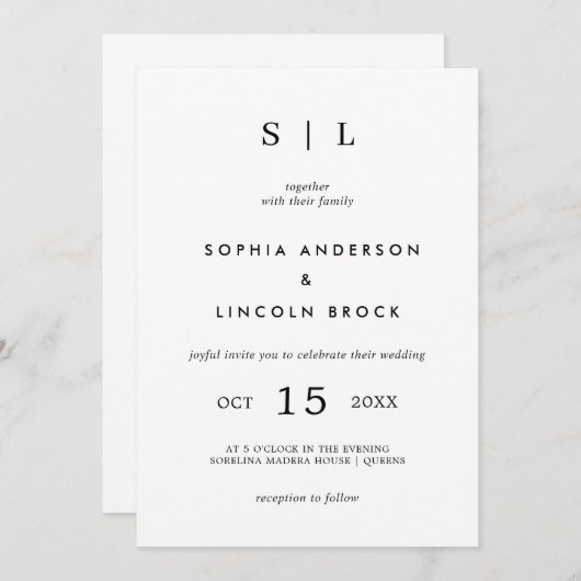 Invitation Minimal et chic | Monogramme blanc et noir (Devant / Derrière)