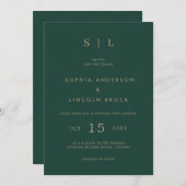Invitation Minimal et chic | Monogramme Emerald Green et Gold (Devant / Derrière)