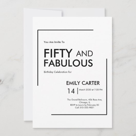 Invitation Minimal Fifty and Fabulous 50th Birthday Party (Devant)